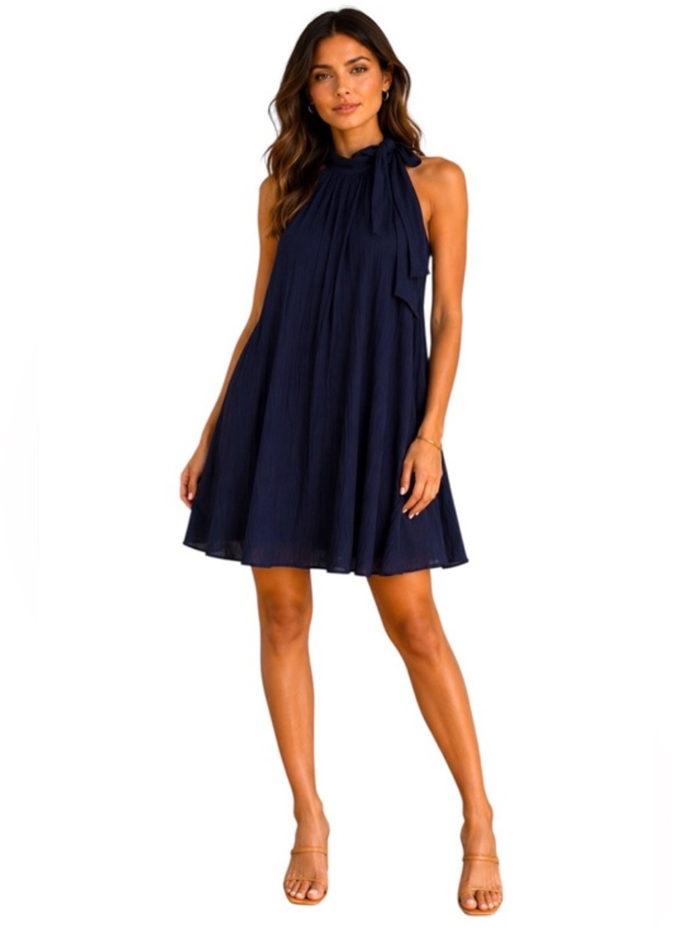 TCFC Navy Blue Halter Swing L Dress Minimalist Quiet Luxury Flowy Midi Dress